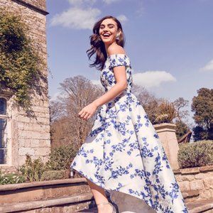 Chi Chi London Blue and White Floral China Print Dress: Off the Shoulder Bardot
